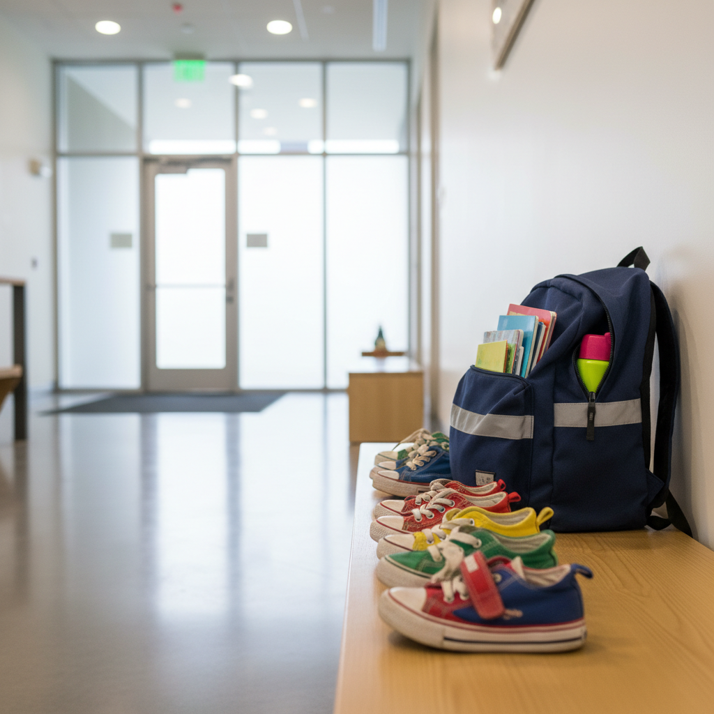 A neat row of small, colorful, well-worn children’s shoes arranged on a light maple bench inside a bright, welcoming hallway. Beside them, a sturdy navy blue backpack with a reflective safety strip leans against the wall, partially unzipped to reveal neatly stacked school supplies. The environment is a clean, modern community center lobby with soft natural daylight pouring through frosted glass, creating a gentle, even glow and faint reflections on the floor. Shot from a low, child-height angle in photographic realism, with the shoes in sharp focus and the background subtly blurred. The mood is hopeful and protective, suggesting a safe place where children are cared for and supported, without any people present.